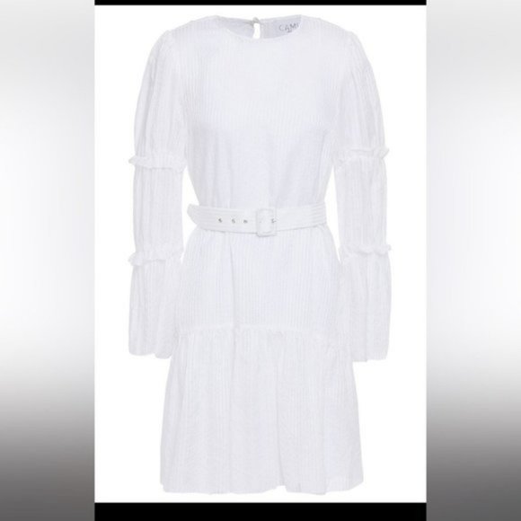 CAMI NYC Shawn White Belted Cotton and Silk Jacquard tiered sleeve mini dress SP - Picture 2 of 7